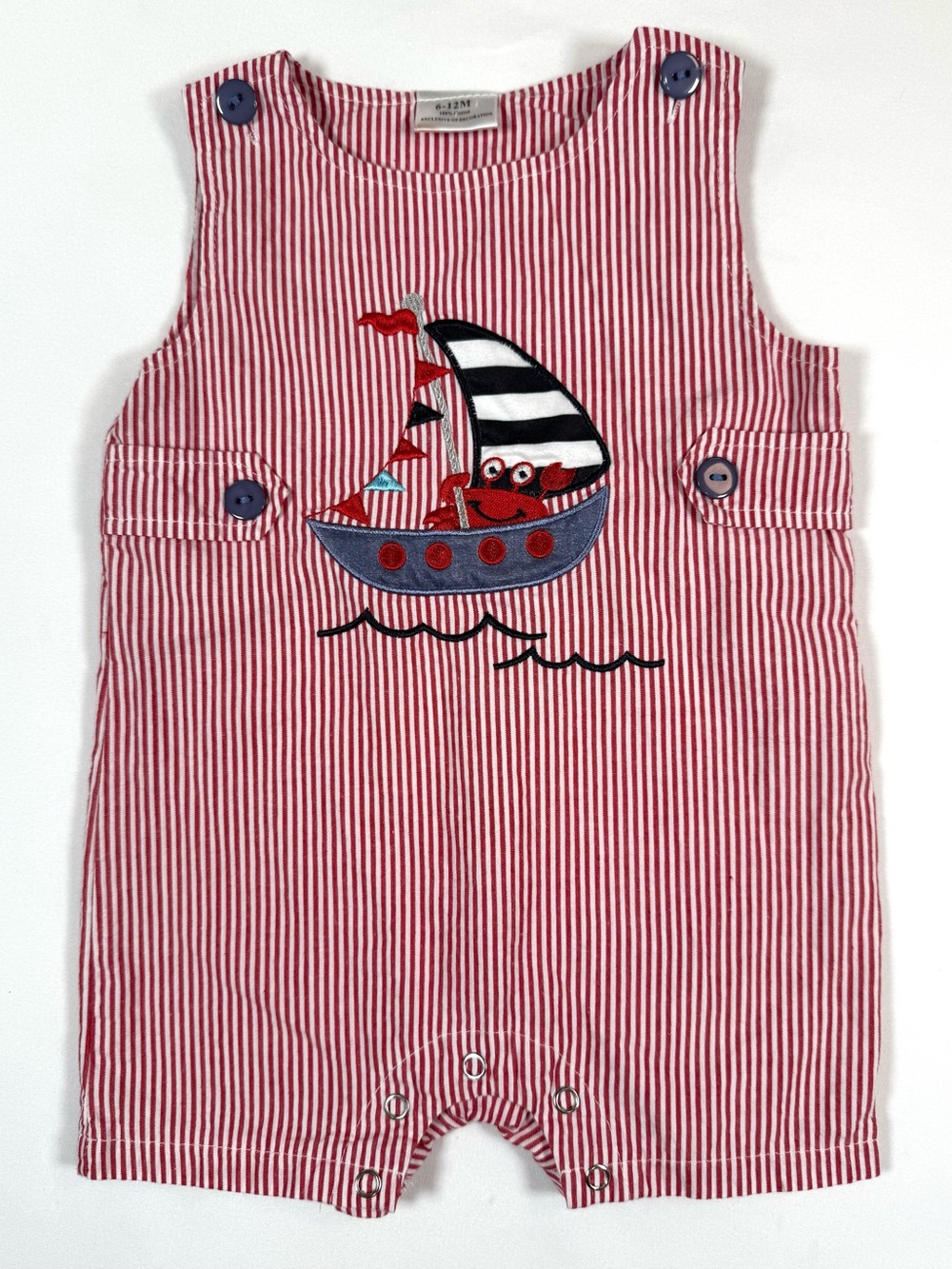 BABY BOUTIQUE Sailboat Crab Striped Romper 6-12M Coastal Preppy Nautical Summer